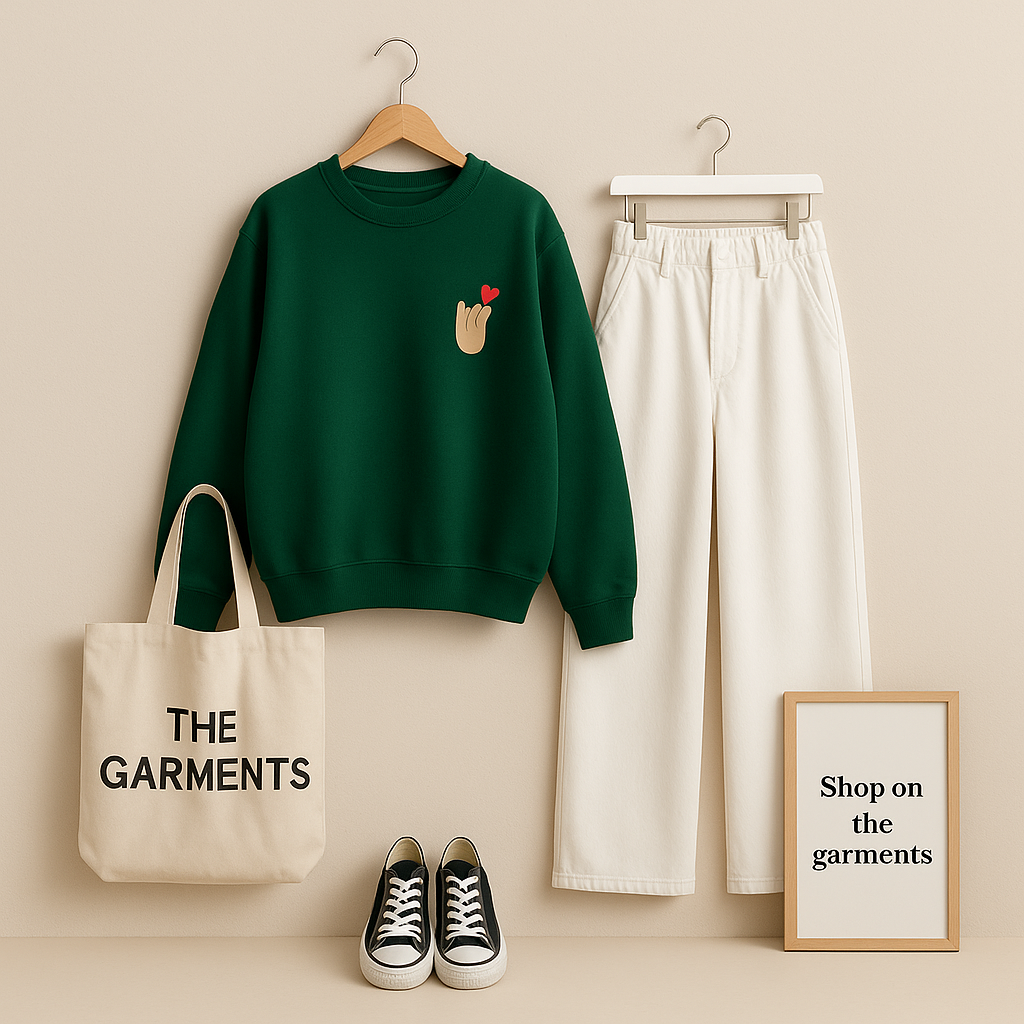 BOTTLE GREEN SWEATSHIRT ( LOVE CHARM POCKET) WITH WHITE  WIDE LEG JEANS