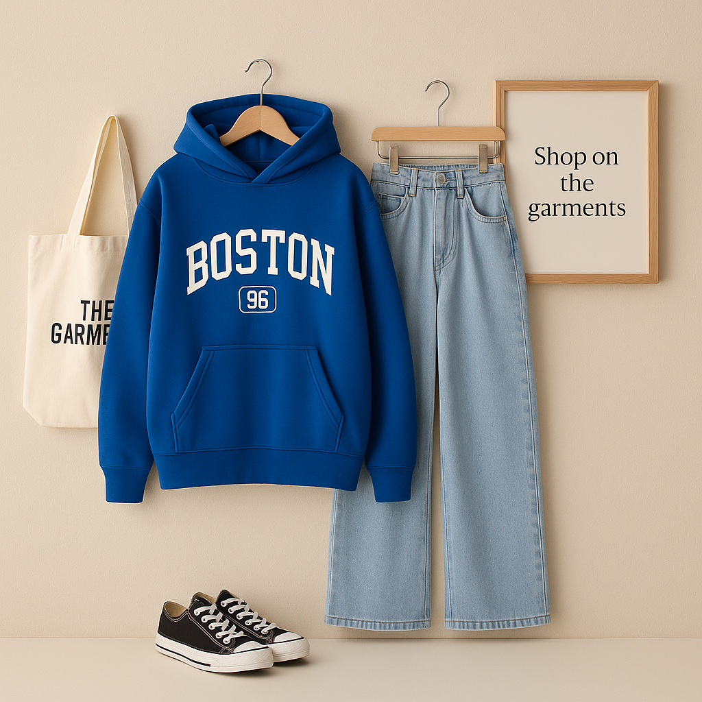 ROYAL BLUE HOODIE (BOSTON ) WITH SKY BLUE WIDE LEG JEANS