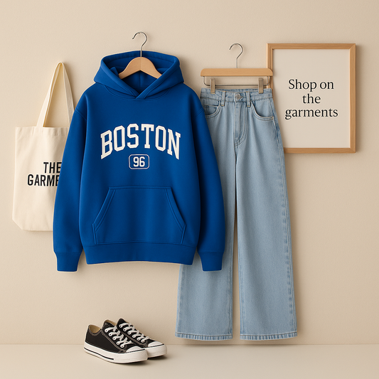 ROYAL BLUE HOODIE (BOSTON ) WITH SKY BLUE WIDE LEG JEANS