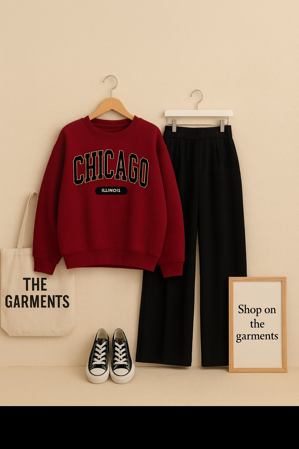 RED SWEATSHIRT ( CHICAGO BLACK) WITH BLACK WIDE LEG JEANS