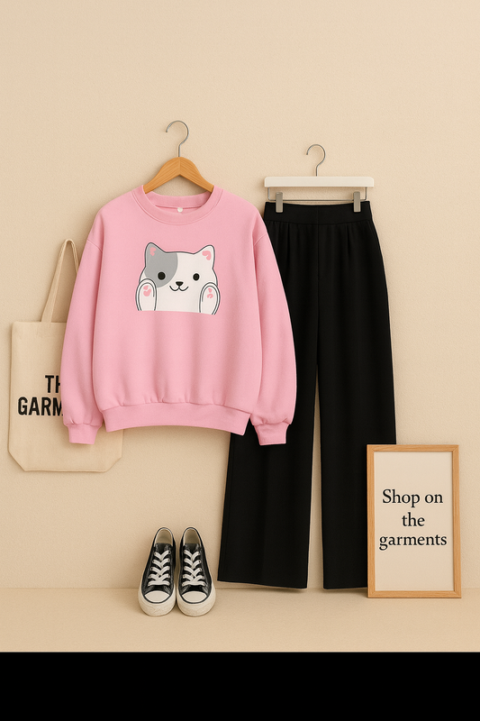 CUTE CAT LIGHT PINK SWEATSHIRT WITH FLAPPER