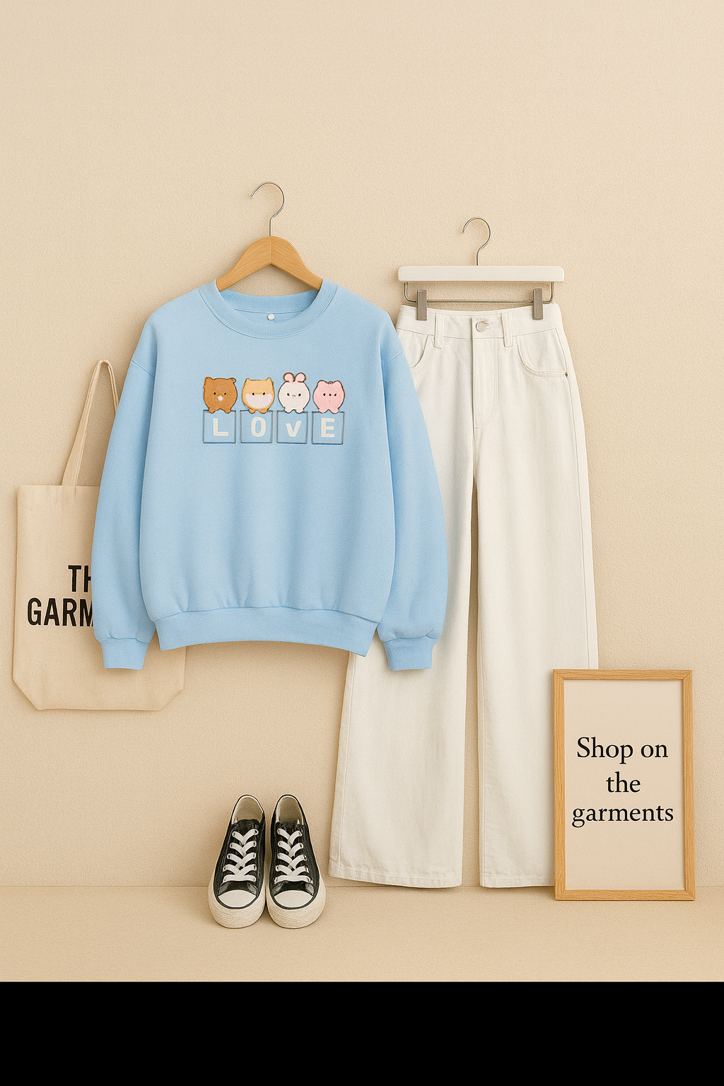 LOVE CARTOONS LIGHT BLUE SWEATSHIRT WITH WHITE WIDE LEG JEANS