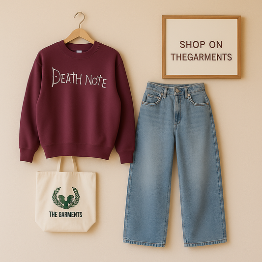 DARK PURPLE SWEATSHIRT ( DEATH NOTE )WITH ICE BLUE WIDE LEG JEANS