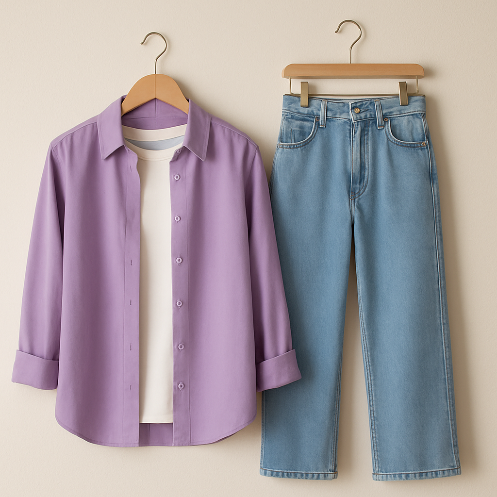 LILAC BUTTON SHIRT WITH WHITE TSHIRT AND SKY BLUE WIDE LEG JEANS (3PCS)