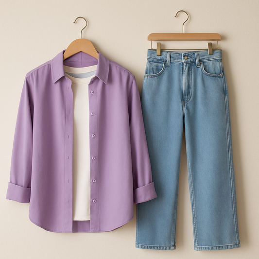 LILAC BUTTON SHIRT WITH WHITE TSHIRT AND SKY BLUE WIDE LEG JEANS (3PCS)