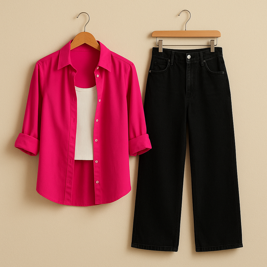 HOT PINK BUTTON SHIRT WITH WHITE TANKTOP AND BLACK WIDE LEG JEANS (3PCS)