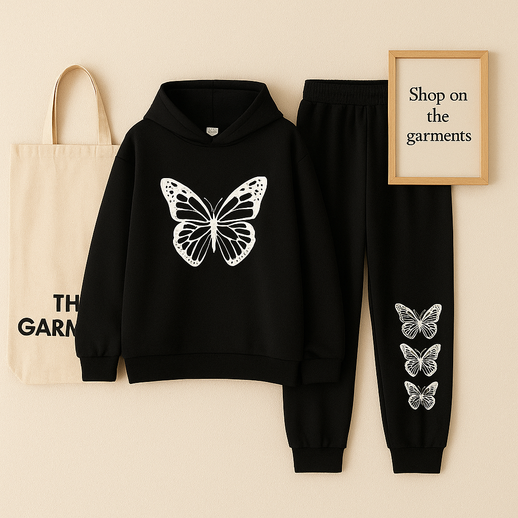 WHITE BIG BUTTERFLY BLACK HOODIE WITH TROUSER (THREE SMALL WHITE BUTTERFLIES)