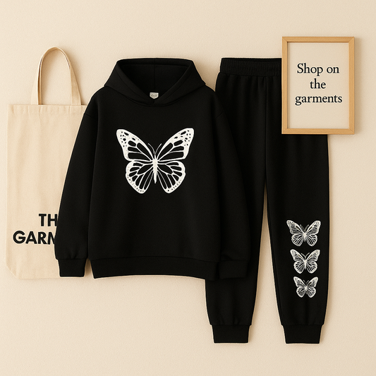 WHITE BIG BUTTERFLY BLACK HOODIE WITH TROUSER (THREE SMALL WHITE BUTTERFLIES)