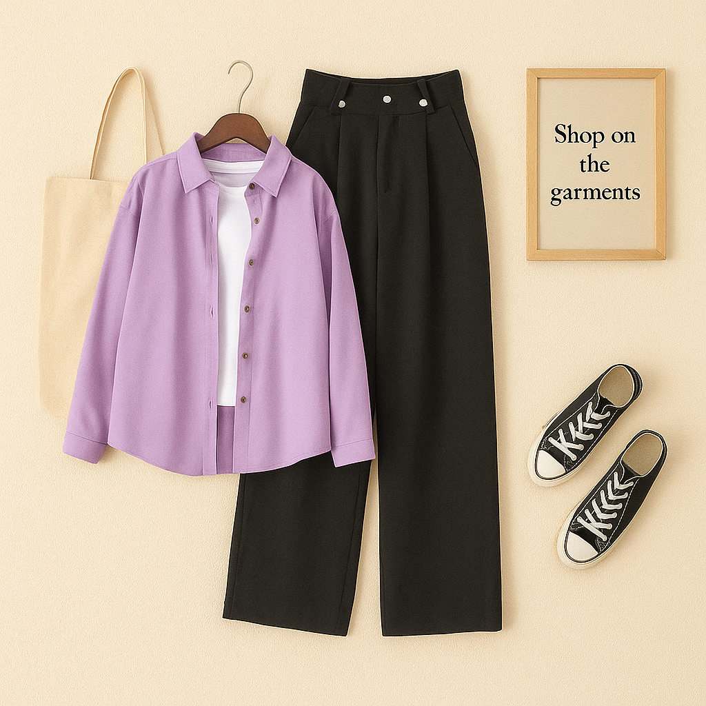 LILAC BUTTON SHIRT WITH INNER AND BLACK WIDE LEG JEANS (3PCS)