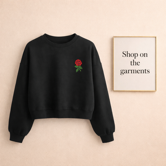 BLACK CROP SWEATSHIRT ( RED ROSE POCKET)