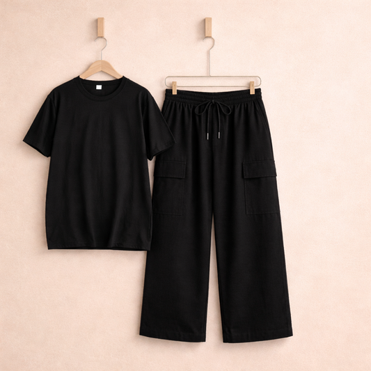 PLAIN BLACK TSHIRT WITH BLACK CARGO TROUSER