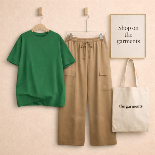 PLAIN BOTTLE GREEN TSHIRT WITH BEIGE CARGO TROUSER
