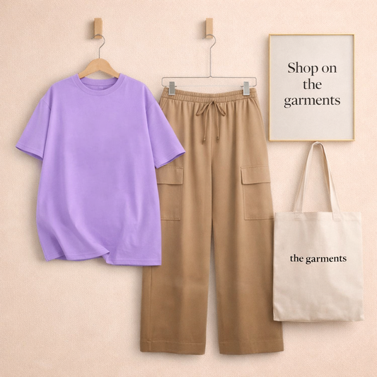PLAIN LILAC TSHIRT WITH BEIGE CARGO TROUSER