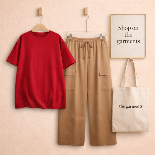PLAIN RED TSHIRT WITH BEIGE CARGO TROUSER