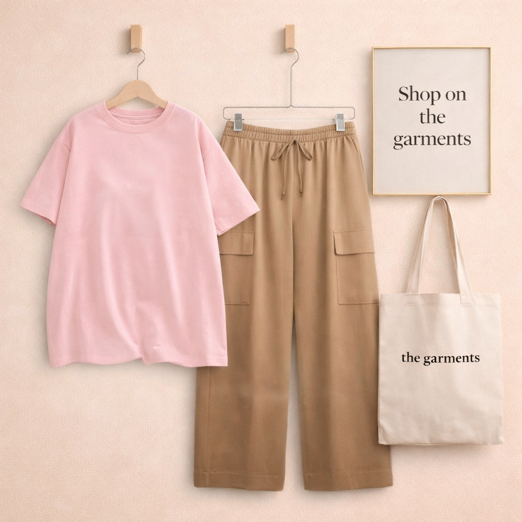 PLAIN PINK TSHIRT WITH BEIGE CARGO TROUSER