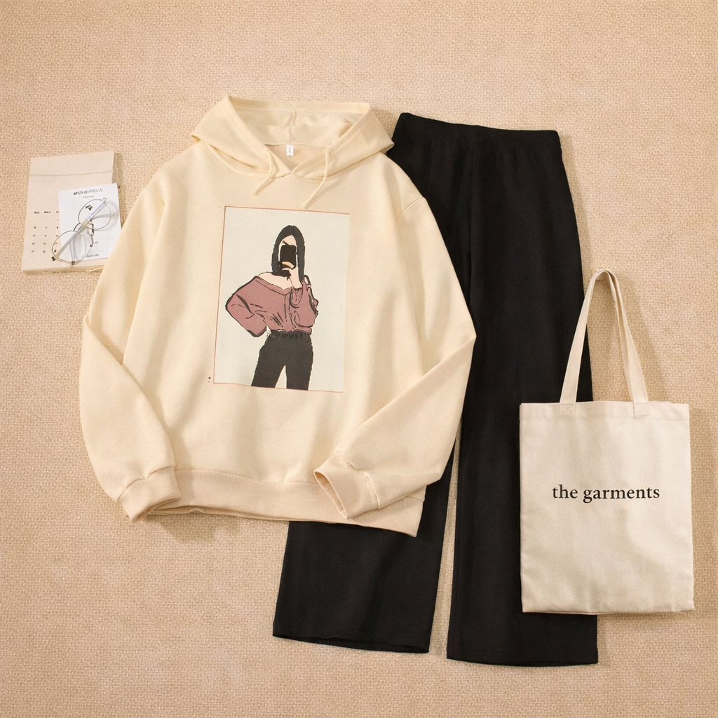 OFF SHOULDER GIRL BEIGE HOODIE WITH BLACK FLAPPER