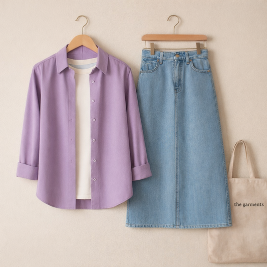 LILAC BUTTON SHIRT WITH WHITE TSHIRT AND SKY BLUE SKIRT (3PCS)