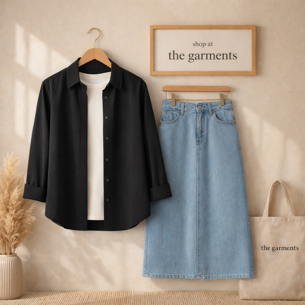 BLACK BUTTON SHIRT WITH WHITE TSHIRT AND SKY BLUE SKIRT (3PCS)