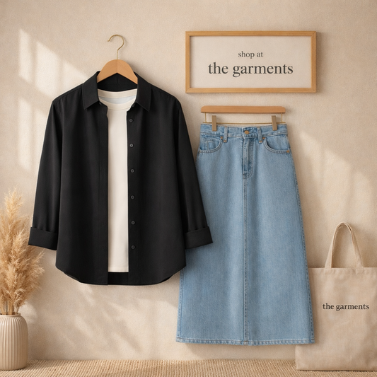 BLACK BUTTON SHIRT WITH WHITE TSHIRT AND SKY BLUE SKIRT (3PCS)
