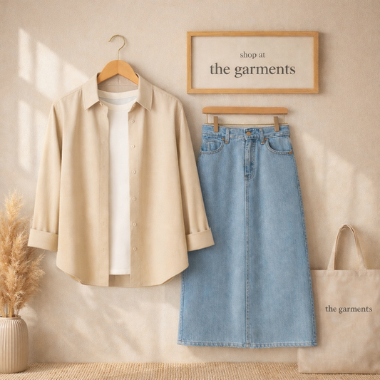 BIEGE BUTTON SHIRT WITH WHITE TSHIRT AND SKY BLUE SKIRT (3PCS)