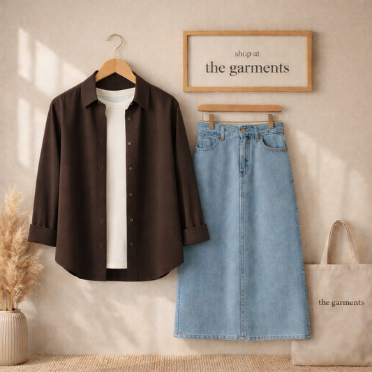 BROWN BUTTON SHIRT WITH WHITE TSHIRT AND SKY BLUE SKIRT (3PCS)