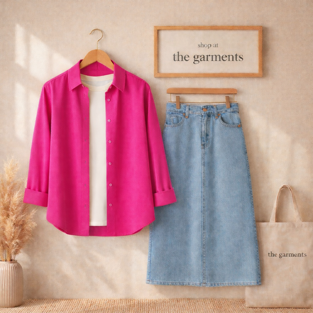 SHOCKING PINK BUTTON SHIRT WITH WHITE TSHIRT AND SKY BLUE SKIRT (3PCS)