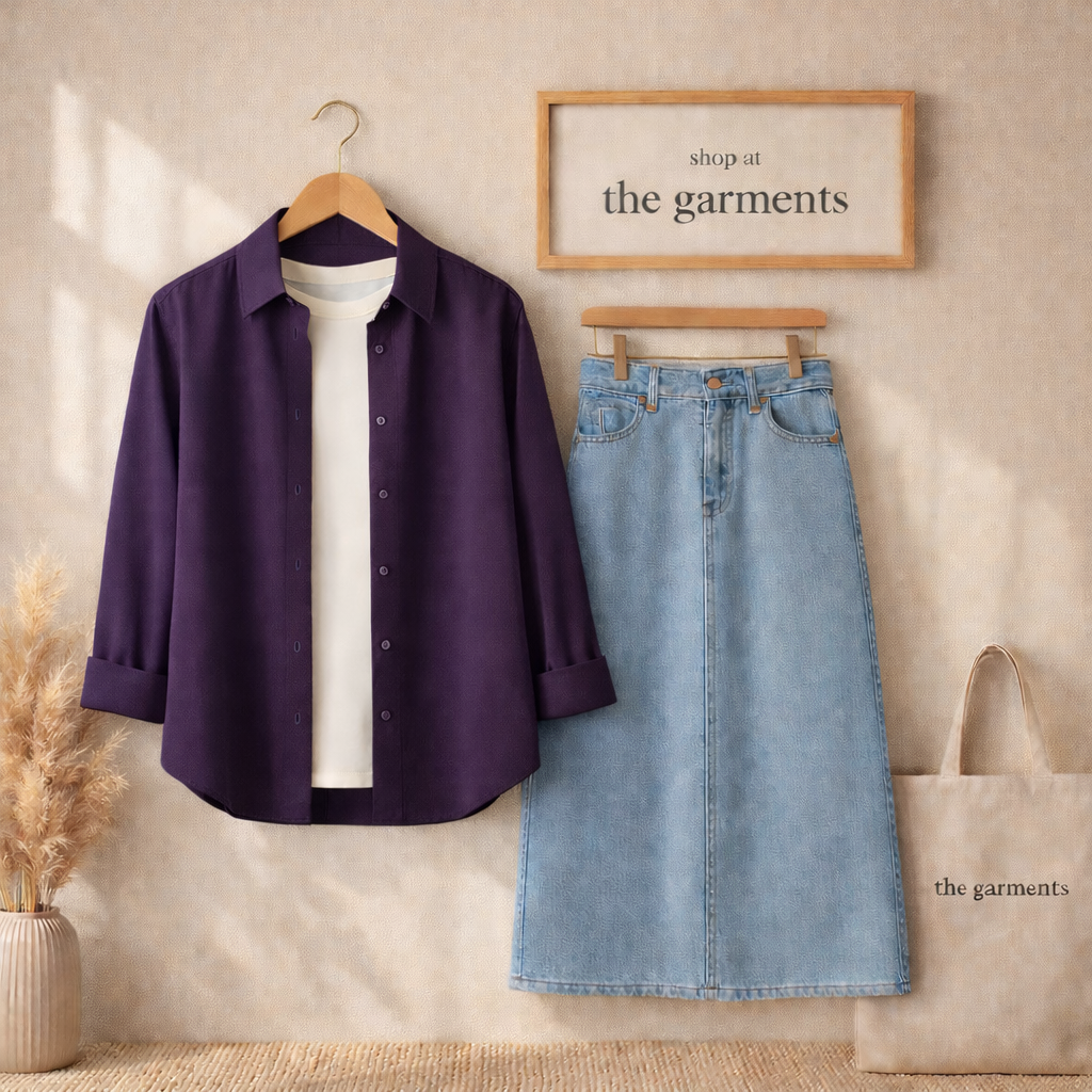 PURPLE BUTTON SHIRT WITH WHITE TSHIRT AND SKY BLUE SKIRT (3PCS)