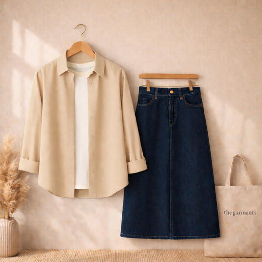 BEIGE BUTTON SHIRT WITH WHITE TSHIRT AND DARK BLUE SKIRT (3PCS)