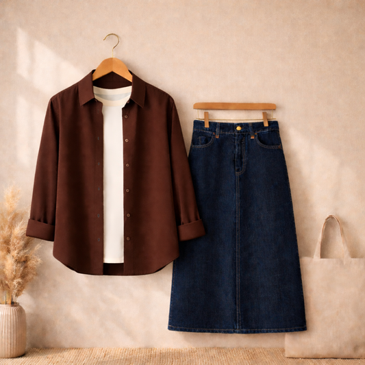 BROWN BUTTON SHIRT WITH WHITE TSHIRT AND DARK BLUE SKIRT (3PCS)