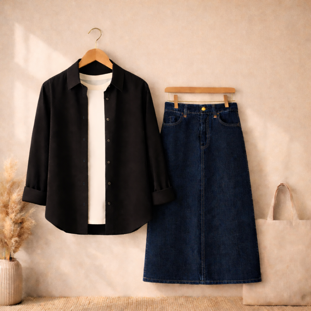 BLACK BUTTON SHIRT WITH WHITE TSHIRT AND DARK BLUE SKIRT (3PCS)