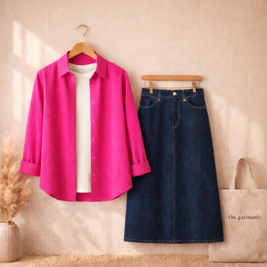 SHOCKING PINK BUTTON SHIRT WITH WHITE TSHIRT AND DARK BLUE SKIRT (3PCS)