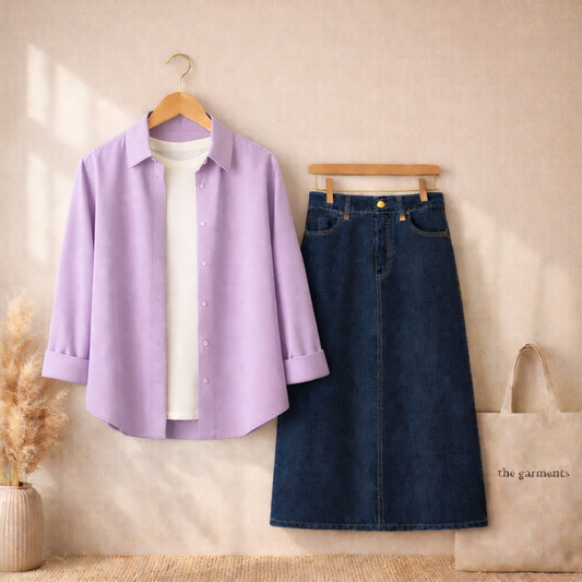 LILAC BUTTON SHIRT WITH WHITE TSHIRT AND DARK BLUE SKIRT (3PCS)