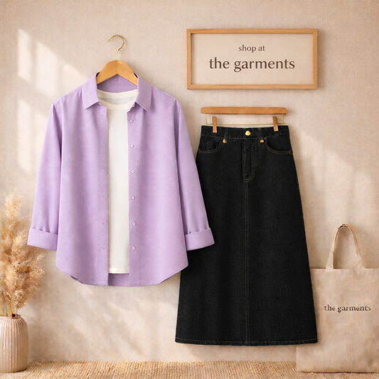 LILAC BUTTON SHIRT WITH WHITE TSHIRT AND BLACK SKIRT (3PCS)