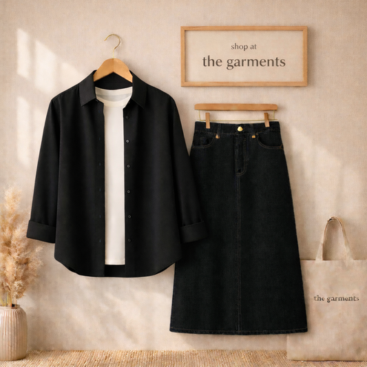 BLACK BUTTON SHIRT WITH WHITE TSHIRT AND BLACK SKIRT (3PCS)
