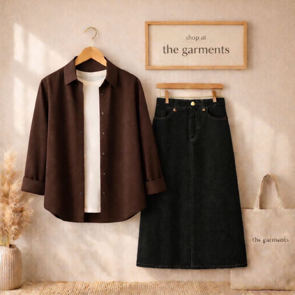 BROWN BUTTON SHIRT WITH WHITE TSHIRT AND BLACK SKIRT (3PCS)