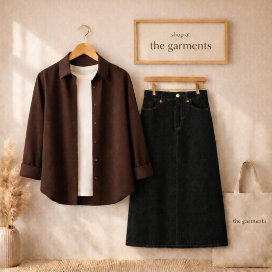 BROWN BUTTON SHIRT WITH WHITE TSHIRT AND BLACK SKIRT (3PCS)