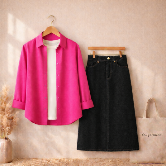 SHOCKING PINK BUTTON SHIRT WITH WHITE TSHIRT AND BLACK SKIRT (3PCS)