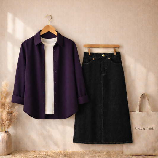 PURPLE BUTTON SHIRT WITH WHITE TSHIRT AND BLACK SKIRT (3PCS)
