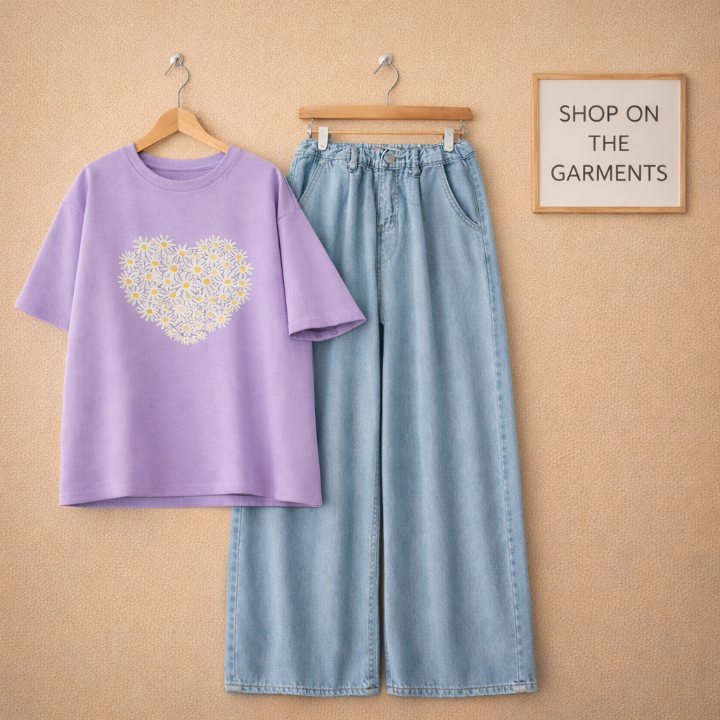 HEART BUNCH LILAC TSHIRT WITH ICE BLUE  WIDE LEG JEANS