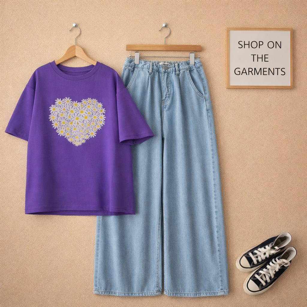 HEART BUNCH PURPLE TSHIRT WITH ICE BLUE  WIDE LEG JEANS