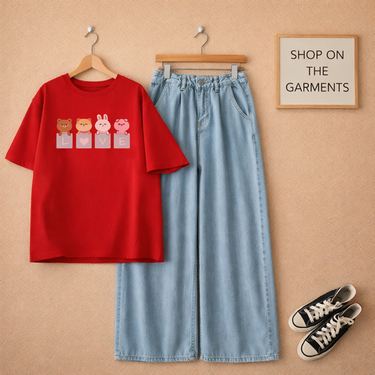 LOVE CARTOON RED TSHIRT WITH ICE BLUE  WIDE LEG JEANS