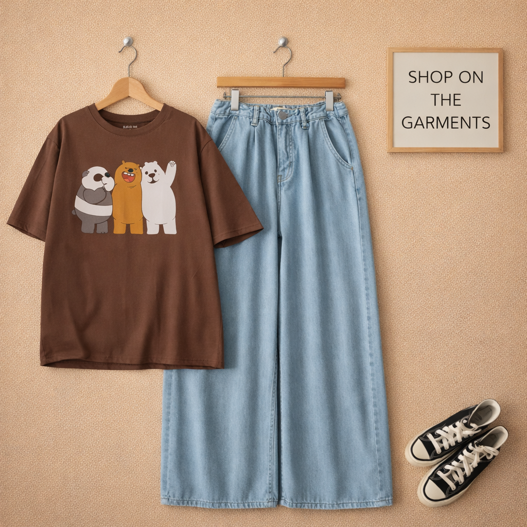 TOGETHER BEAR DARK BROWN TSHIRT WITH ICE BLUE  WIDE LEG JEANS