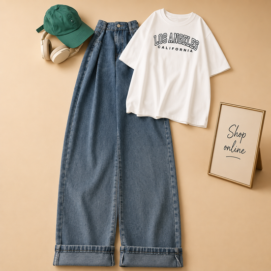 WHITE TEE LOS ANGLES WITH SKY BLUE WIDE LEG JEANS