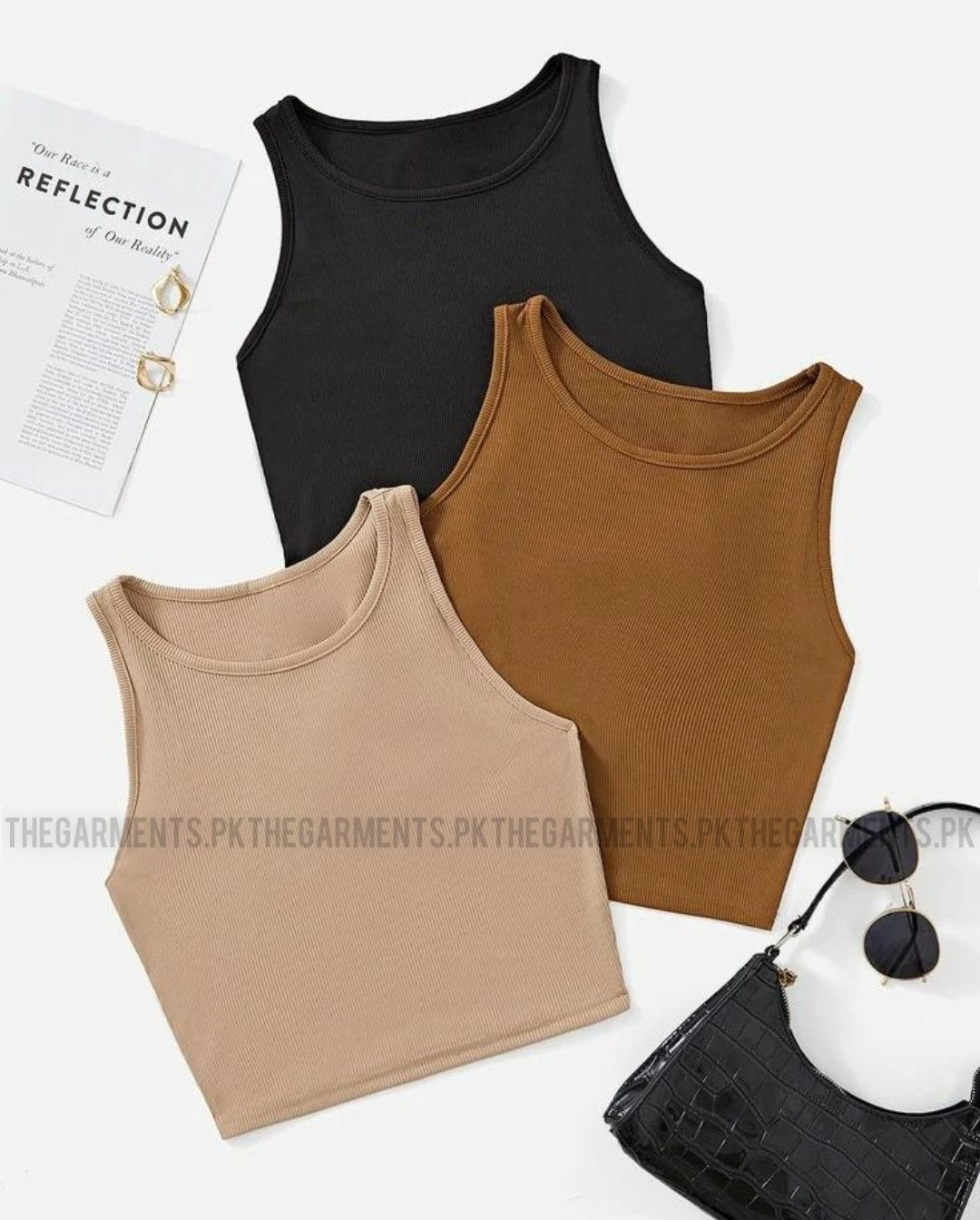 PACK OF 3 RIB KNIT TANK TOP( black,brown ,skin)