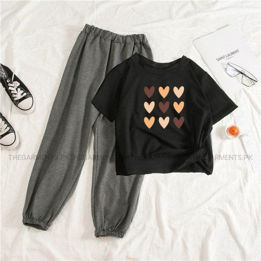 BLACK T-SHIRT ( BROWN HEARTS) WITH CHARCOAL TROUSER