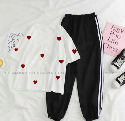 RED HEARTS ALL OVER WHITE TSHIRT WITH BLACK 3 STRIPE TROUSER