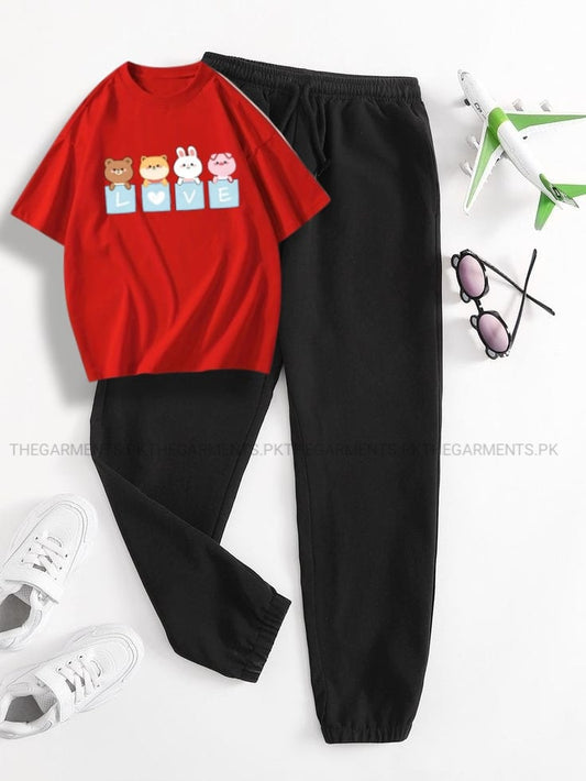 LOVE CARTOON RED TSHIRT WITH BLACK TROUSER