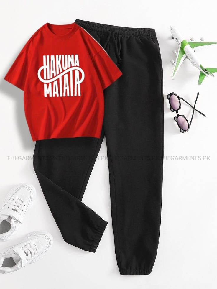 RED T-SHIRT ( HAKUNA MATATA) WITH BLACK TROUSER