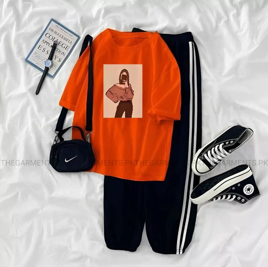 OFF SHOULDER GIRL RED TSHIRT WITH THREE STRIPE TROUSER