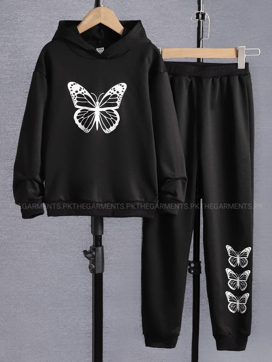 WHITE BIG BUTTERFLY BLACK HOODIE WITH TROUSER (THREE SMALL WHITE BUTTERFLIES)